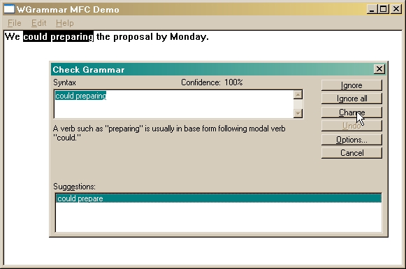 WGrammar includes sample source code in MFC, Visual Basic, and VB.NET showing how to add a grammar checker to your applications.